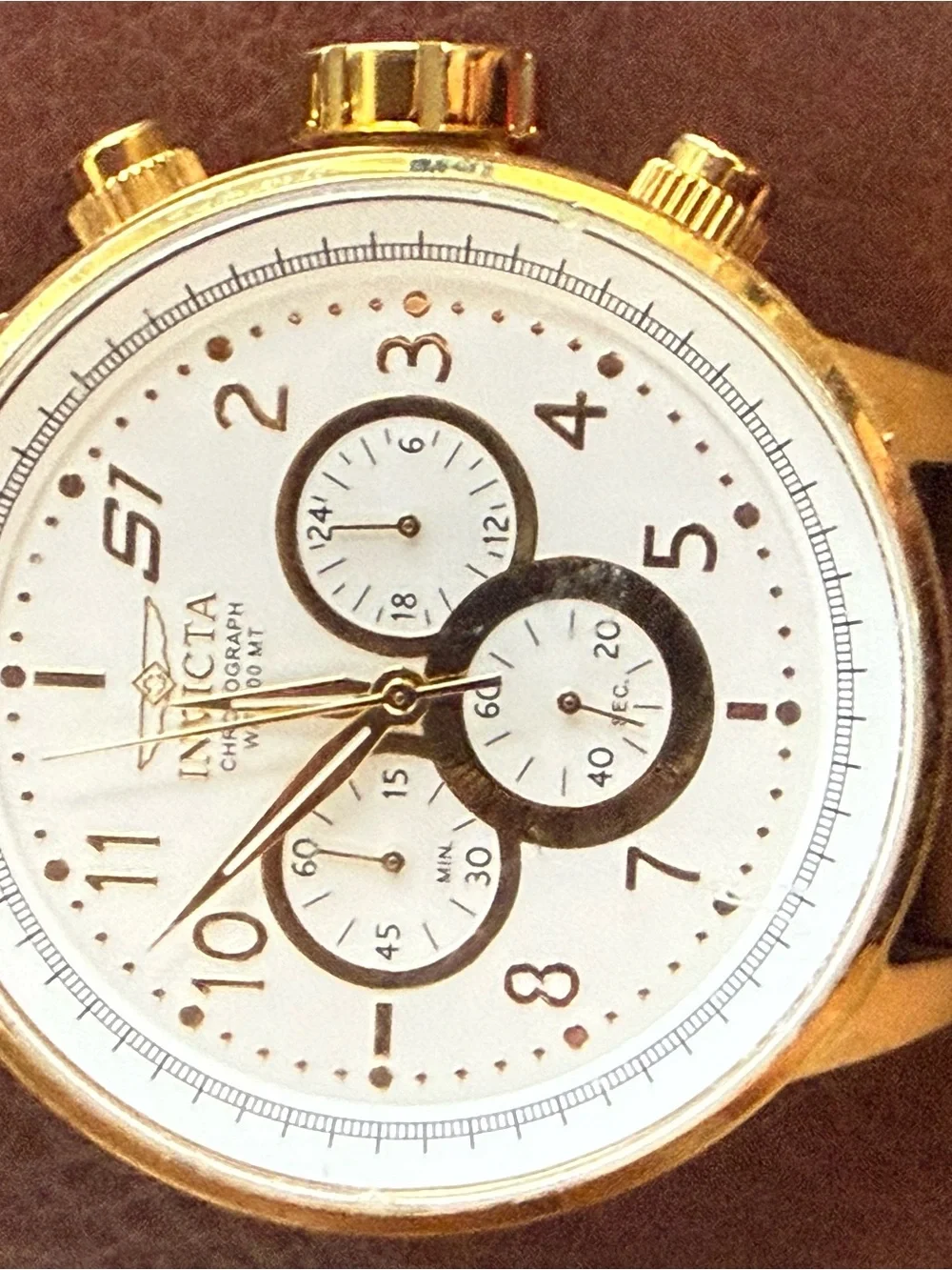 Invicta Gold Case Chronograph Watch with Brown Leather Strap